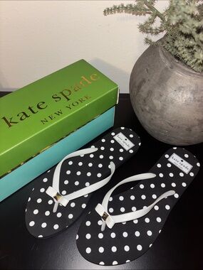 kate spade Nadine Black and White Polka Dot Flip Flop Sandals with White Straps